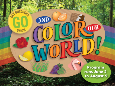 Get Outdoors York program logo with rainbow and colored objects.