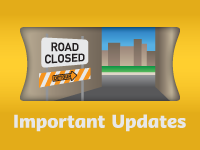 Road Closed graphic with link to updates page for current information.