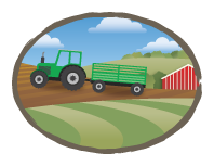 illustration of a farm scene with a tractor and barns.